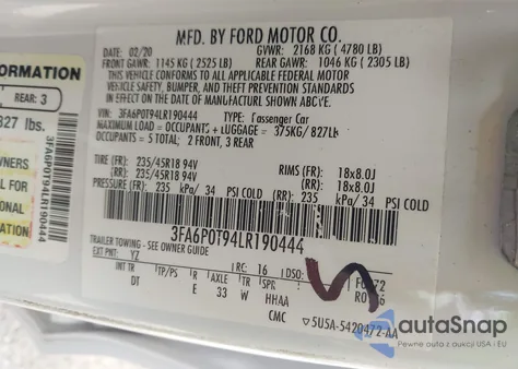 2020 Ford Fusion Se из США, поврежденный, VIN 3FA6P0T94LR190444